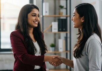 Two smiling professional women of indian descent shaking hands in a modern office setting symbolizing collaboration and success