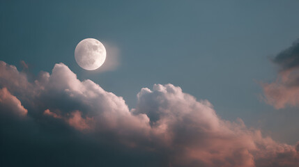 Full moon in the sky with pink and gray clouds during twilight hours, night scene.