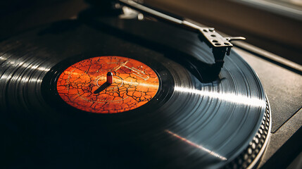 Black vinyl record spinning with orange cracked label and tonearm image
