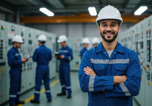 Skilled technician in safety hard hat and work uniform stands confidently in control room with colleagues
