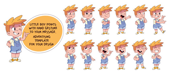 Fototapeta premium A little boy points with a hand gesture to your message. Advertising template for your design. Several options for animating the boy's facial expressions and gestures. Speech bubble dialog box