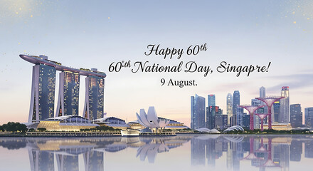 Singapore skyline reflecting in water with "Happy 60th National Day, Singapore! 9 August" text overlay, celebrating the country's anniversary.