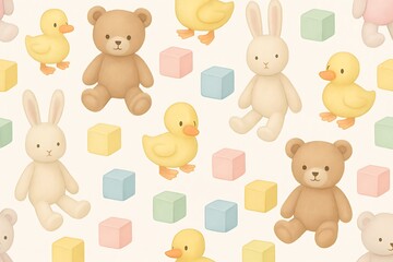 Obraz premium Cute animal plush toys and pastel building blocks create a cheerful baby-themed pattern