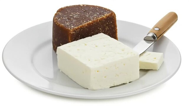 A rustic square of fresh white cheese paired with a dark block of papel&oacute;n (unrefined cane sugar), arranged on a white ceramic plate. A small knife rests beside them.