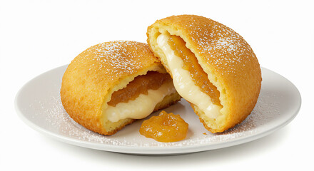 Two golden, deep-fried tucumanas split open to reveal a sweet filling of quince paste (dulce de membrillo) and cheese. Served on a white ceramic plate with a light dusting of powdered sugar.