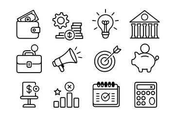 Minimalist line art illustration displaying financial and business related symbols on a clean white background for diverse applications.