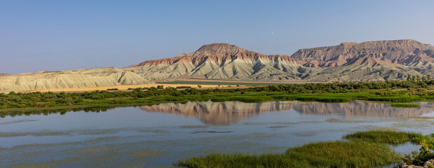Nallihan District in Ankara, Turkey. The Girl Hill Natural Monument (Rainbow Hills) the geological structure with its colorful rainbow tones. Nallihan Bird Sanctuary.