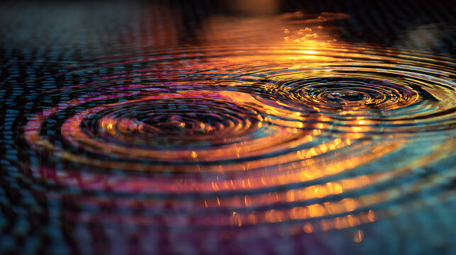 Concentric water ripples reflecting vibrant colors and golden light macro abstract