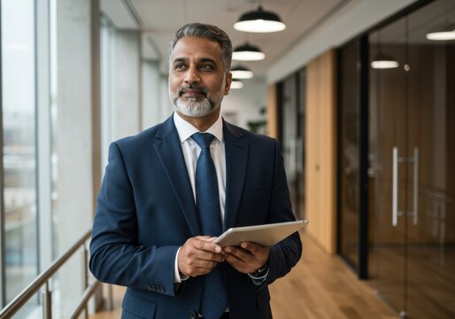 Distinguished middle aged businessman in a sharp suit holding a tablet while standing in a modern office corridor