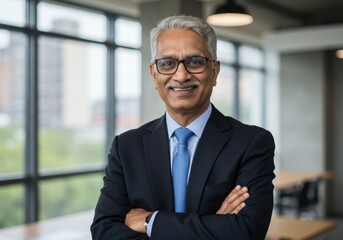 Fototapeta premium Smiling distinguished senior businessman with gray hair and glasses wearing a suit and tie with arms crossed confidently