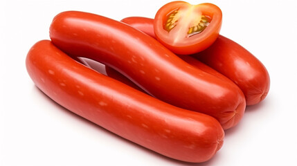 Fresh red sausages with sliced tomato garnish