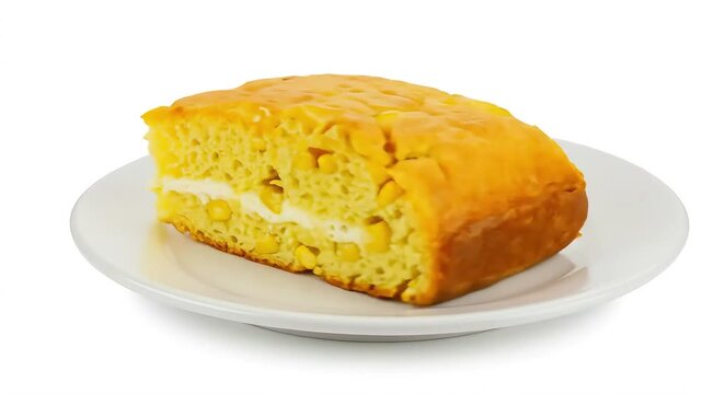 A slice of chipa guasu, a moist Paraguayan corn cake made with fresh corn kernels, cheese, and milk, served on a white ceramic plate. The golden-yellow texture and visible corn pieces.