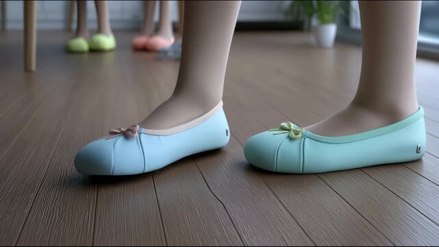 Legs of person wearing blue ballet flats with bows standing on wooden floor with other pairs of shoes of different colors in the background and potted plant by window