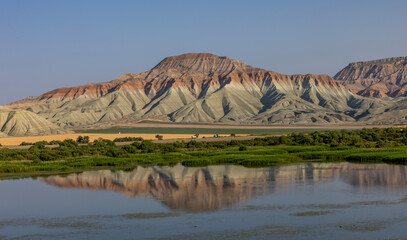 Nallihan District in Ankara, Turkey. The Girl Hill Natural Monument (Rainbow Hills) the geological structure with its colorful rainbow tones. Nallihan Bird Sanctuary.