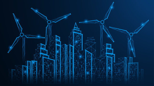 The digital eco-city of the future. Wind turbines tower over the city and high-rise buildings symbolize the technological development and digitalization of urban infrastructure. Polygonal design.