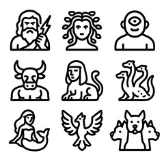 Ancient Myth Icons. Solid, filled icon set of ancient myths: Zeus, Medusa, cyclops, Minotaur, sphinx, hydra, siren, phoenix,
