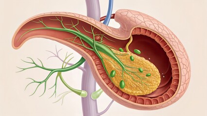 Bile flow from gallbladder through bile duct — merging with pancreatic juice before entering duodenum