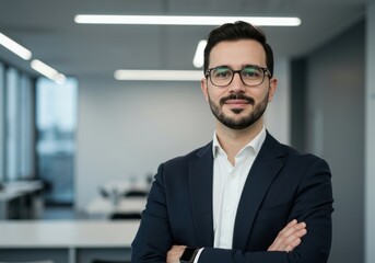 Confident professional man with beard and glasses in a modern office setting with arms crossed