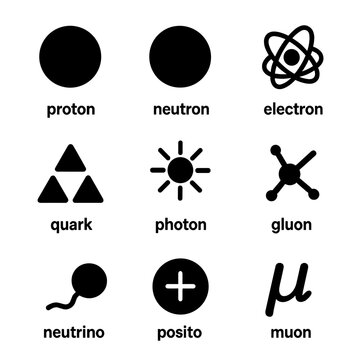 Atomic Particle Icons. Solid, filled icon set of atomic particles: proton, neutron, electron, quark, photon, gluon, neutrino,