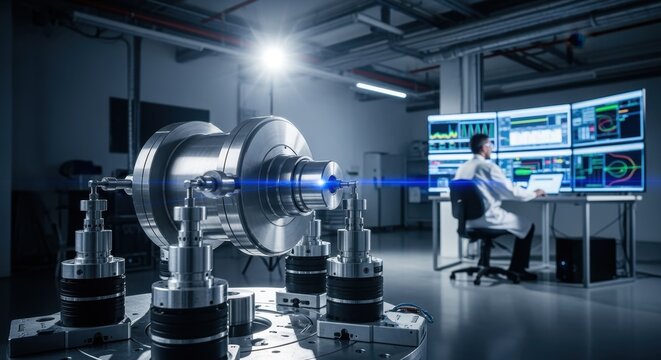 Upscale industrial lab focused on gas centrifuge rotor balancing featuring stateoftheart electromagnetic vibration dampers and highspeed rotation tests.