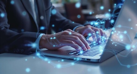 Business Professional Typing on Laptop with Digital Effects