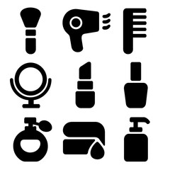 Beauty Icon Grid. Solid, filled icon set of beauty and grooming: makeup brush, hair dryer, comb, mirror, lipstick, nail polish,