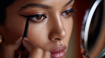 Woman applying eyeliner with focused expression in mirror