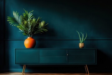 A modern interior features a stylish cabinet with plants against a dark teal wall