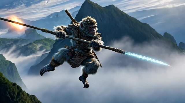 Fantasy warrior monkey with glowing spear in mountains
