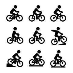 Fototapeta premium Bike Action Icons. Solid, filled icon set of biking movements and actions: pedaling, braking, turning, jumping, resting, signaling