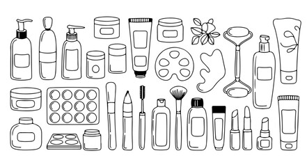 Elegant hand-drawn beauty and skincare products arranged in a neat, modern line art, perfect for beauty content.