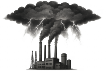 Industrial pollution causing storm clouds and lightning over power plant with transparent background