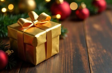Festive gold gift with ribbon in christmas setting with ornaments and tree. High quality photo