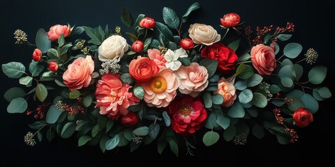 Beautiful floral arrangement featuring assorted roses and greenery on a dark background