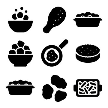 Breadcrumbs Icons Grid. Solid, filled icon set of breadcrumb uses in cooking: meatball mix, breaded cutlet, casserole topping,