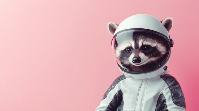 A humorous raccoon astronaut is depicted wearing a space suit and helmet, set against a vibrant pink backdrop, representing a unique concept