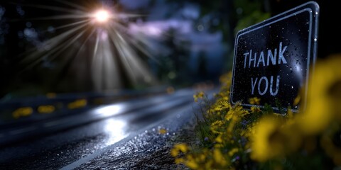 Thank you sign surrounded by blooming flowers on a rainy road at night with bright light in the background