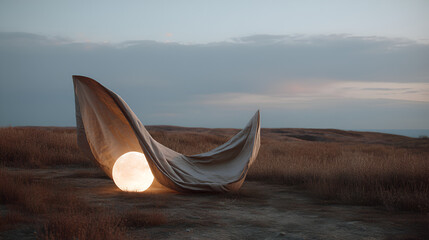 Glowing sphere under draped fabric in a field, creating a magical and serene atmosphere. Dusk lighting.
