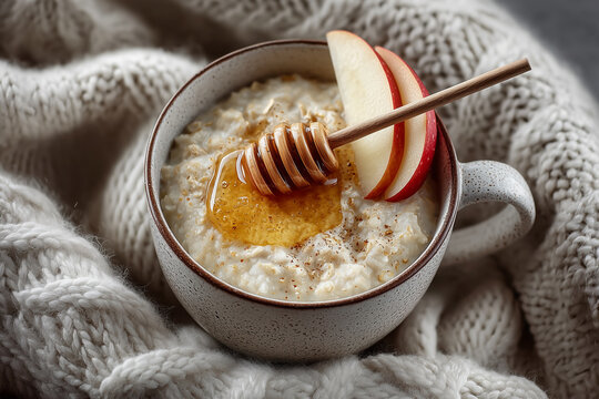 Cozy top view of a breakfast table with oatmeal, honey, apple slices only three visible ingredients

