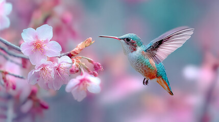 Capture the magic of nature with a vibrant hummingbird feeding on beautiful cherry blossoms in spring