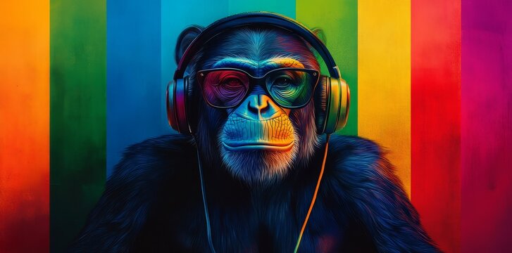 A monkey is wearing a headset and listening to music set against a vibrant backdrop, while a chimpanzee is also sporting earphones, all of which was generated using stock tools