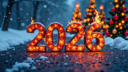 Illuminated 2026 in snowy winter wonderland with festive background.