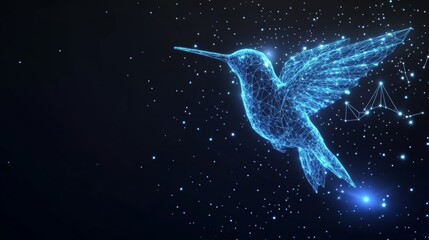 A hummingbird colibri is depicted as a flying bird made from futuristic polygonal blue lines and glowing stars generated by AI