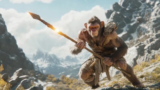Fierce monkey fighter in mystical mountains
