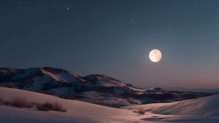 Full moon over a serene snow-covered landscape under a starry sky. Illuminated beauty in winter.