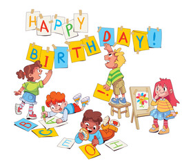 Kids put a birthday message on the wall. Kids scribbles on the wall and floor. Colorful cartoon characters. Funny vector illustration. Isolated on white background