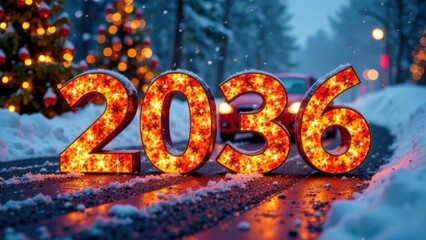 Illuminated 2036 in snowy winter wonderland with festive background.