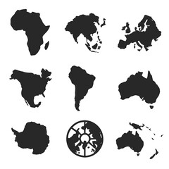 Continent Map Icons. Solid, filled icon set of continent maps: Africa outline, Asia outline, Europe outline, North America outline