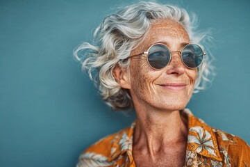 Portrait of attractive senior woman wearing sunglasses in front of a blue background, smiling slightly and looking at the camera