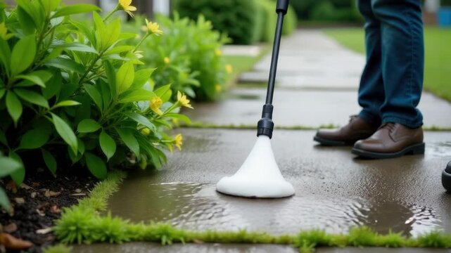 A person uses a pressure washer to clean a sidewalk, a common urban maintenance task